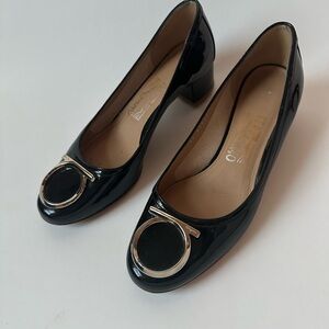 Salvatore Ferragamo Black Patent Leather 1.5 inch Heels with Silver logo 8.5